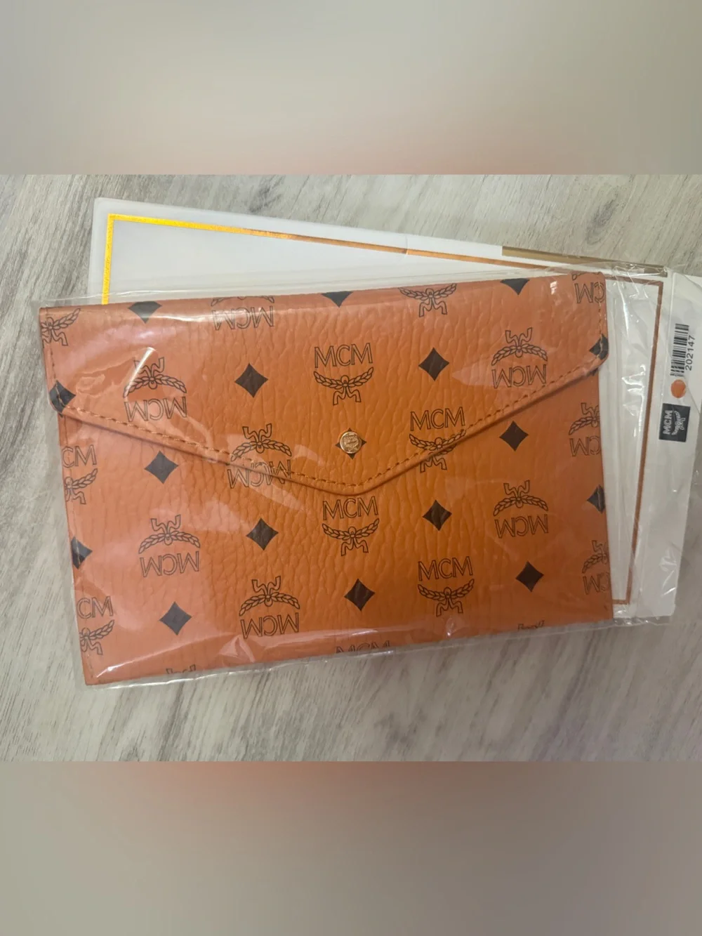MCM Visetos Cognac Envelope Pouch Clutch GWP Gift With Purchase w/ Box